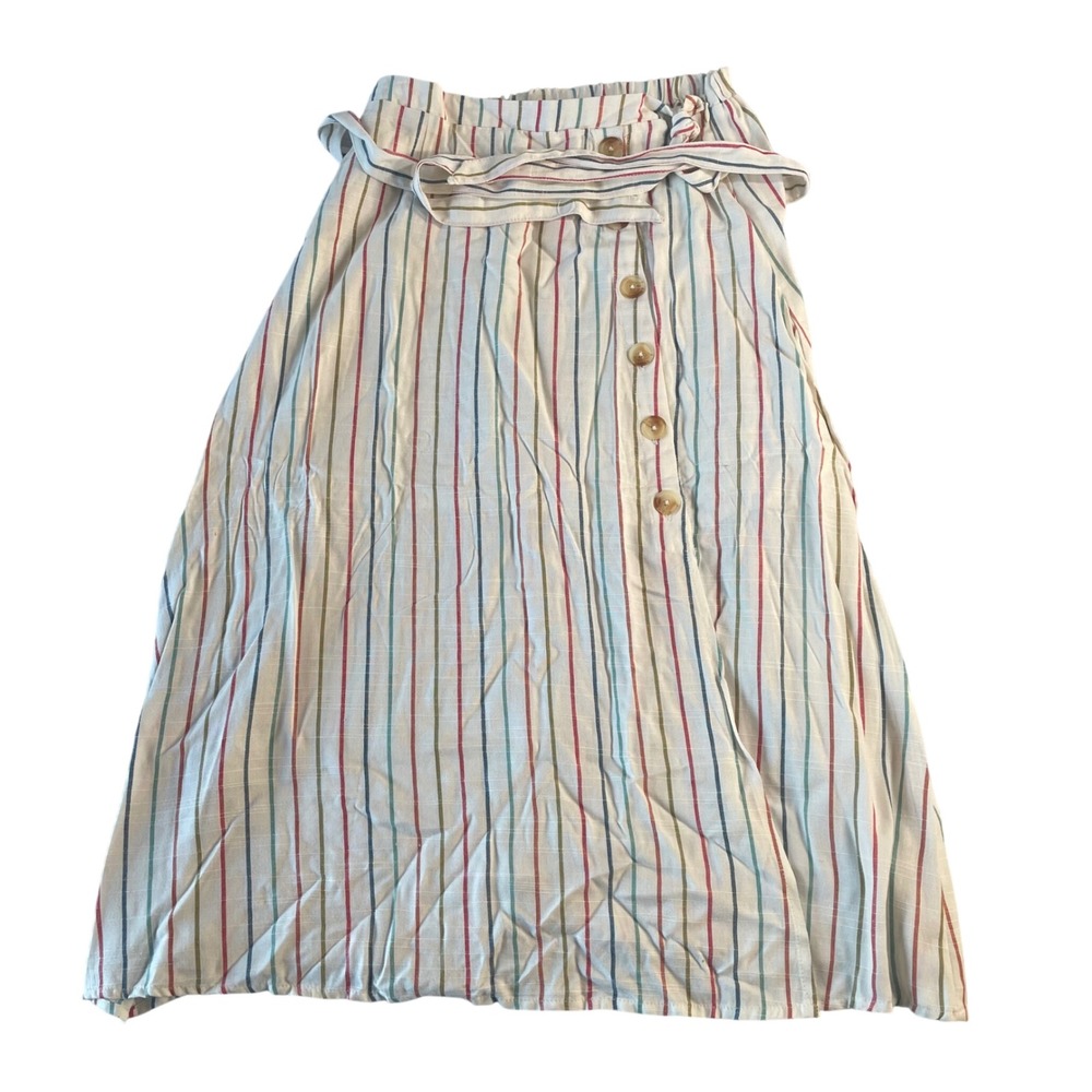 Harper Heritage Womens Striped Midi Skirt Tie Waist Button Front White Small